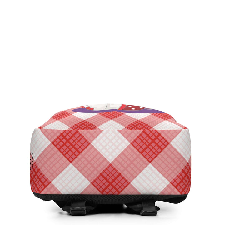 Back view of a minimalist backpack featuring a red checkered design, ideal for sorority and fraternity gear for kids.