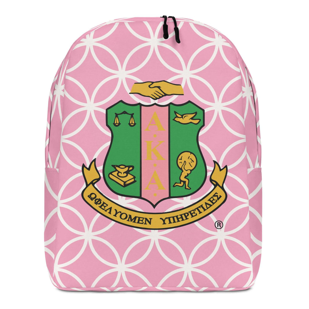 AKA crest minimalist backpack in pink, perfect for sorority and fraternity greek gear, featuring spacious compartments.