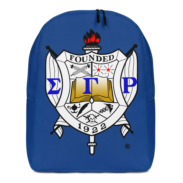 SGRho Crest Minimalist Backpack featuring sorority emblem on a blue background, perfect for fraternity and Greek gear enthusiasts.