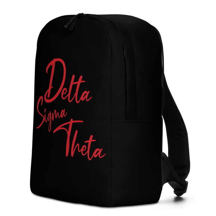 Delta Sigma Theta minimalist backpack featuring bold red lettering on a sleek black background, perfect for Greek gear and paraphernalia.