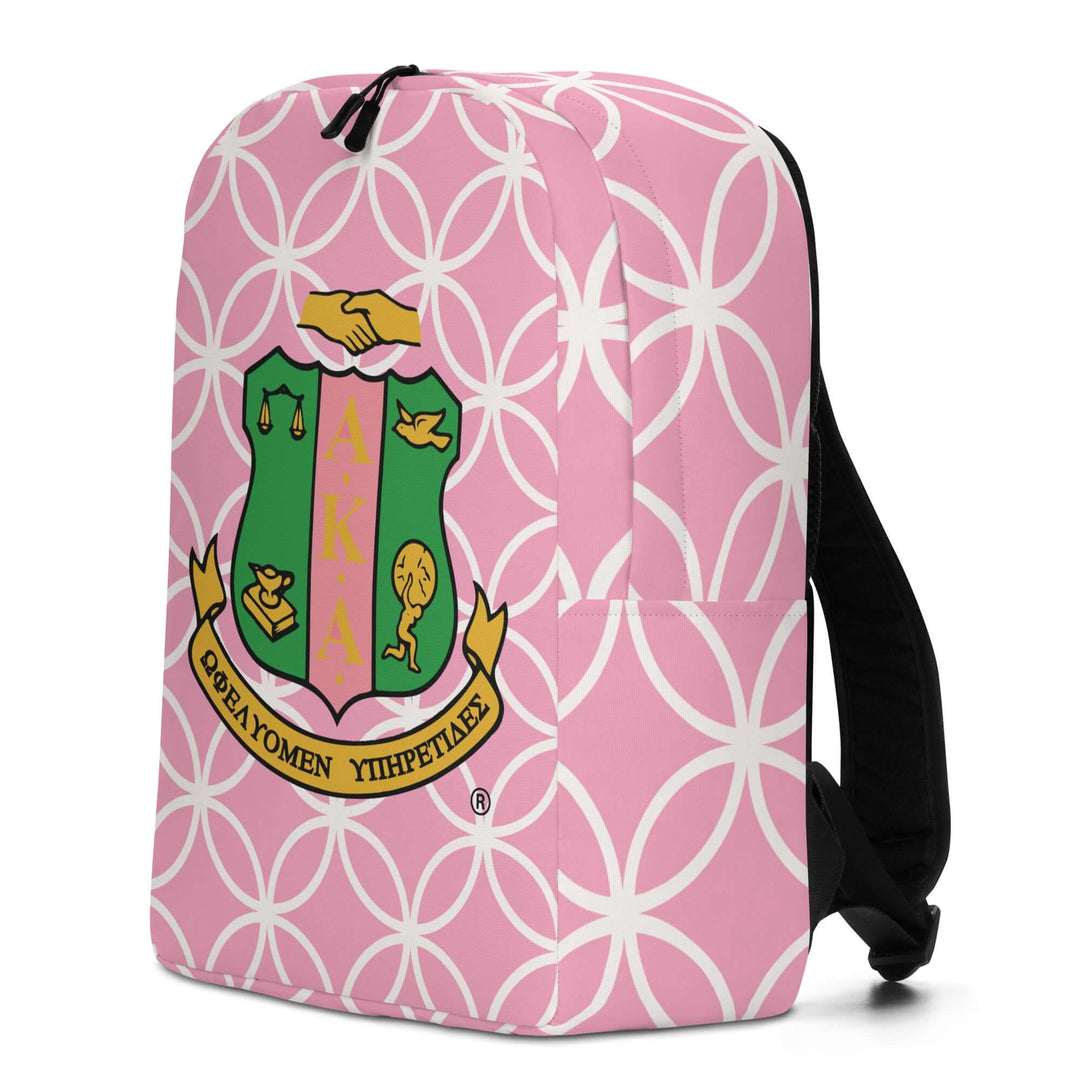 AKA Crest Minimalist Backpack featuring a pink design and Greek letters, perfect for sorority and fraternity paraphernalia.