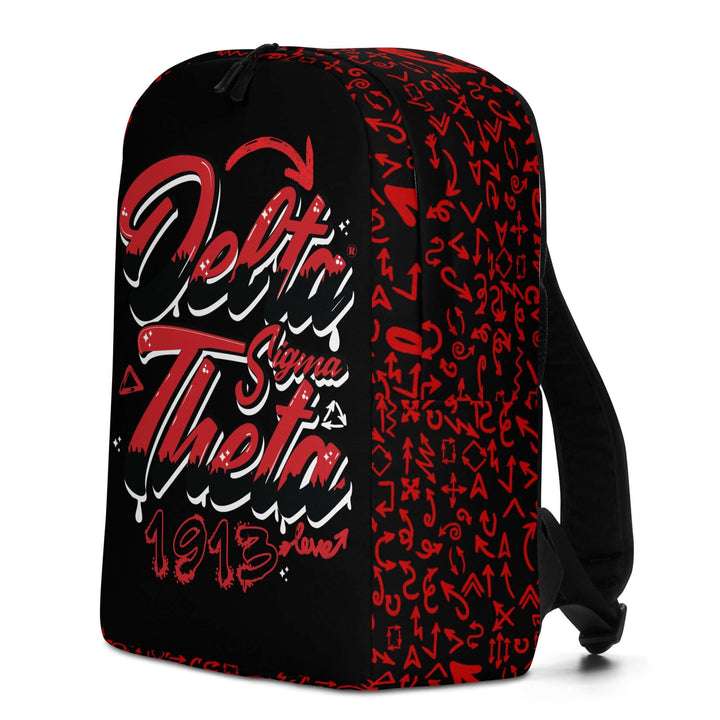 Delta Sigma Theta graffiti minimalist backpack featuring bold red and black design, perfect for Greek gear enthusiasts.