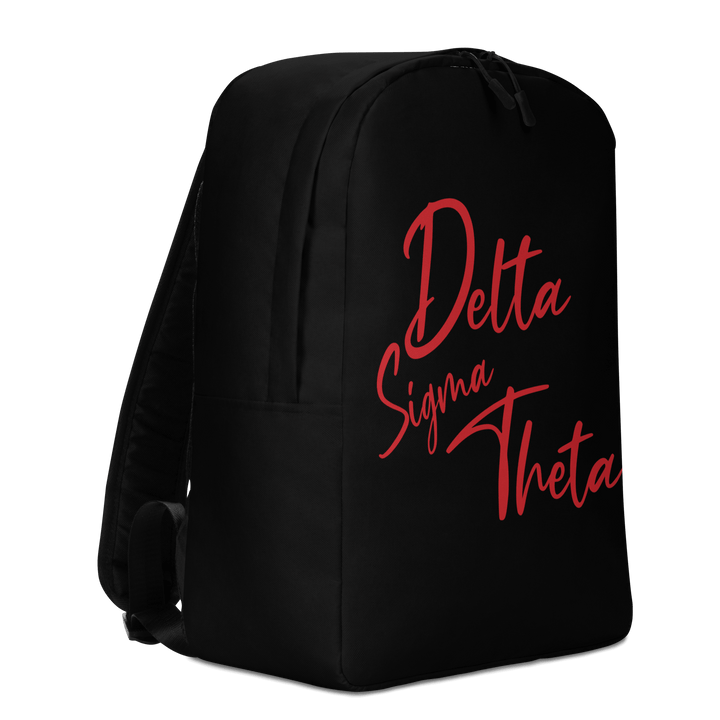 Delta Script Minimalist Backpack featuring "Delta Sigma Theta" in bold red, perfect for sorority and fraternity gear.