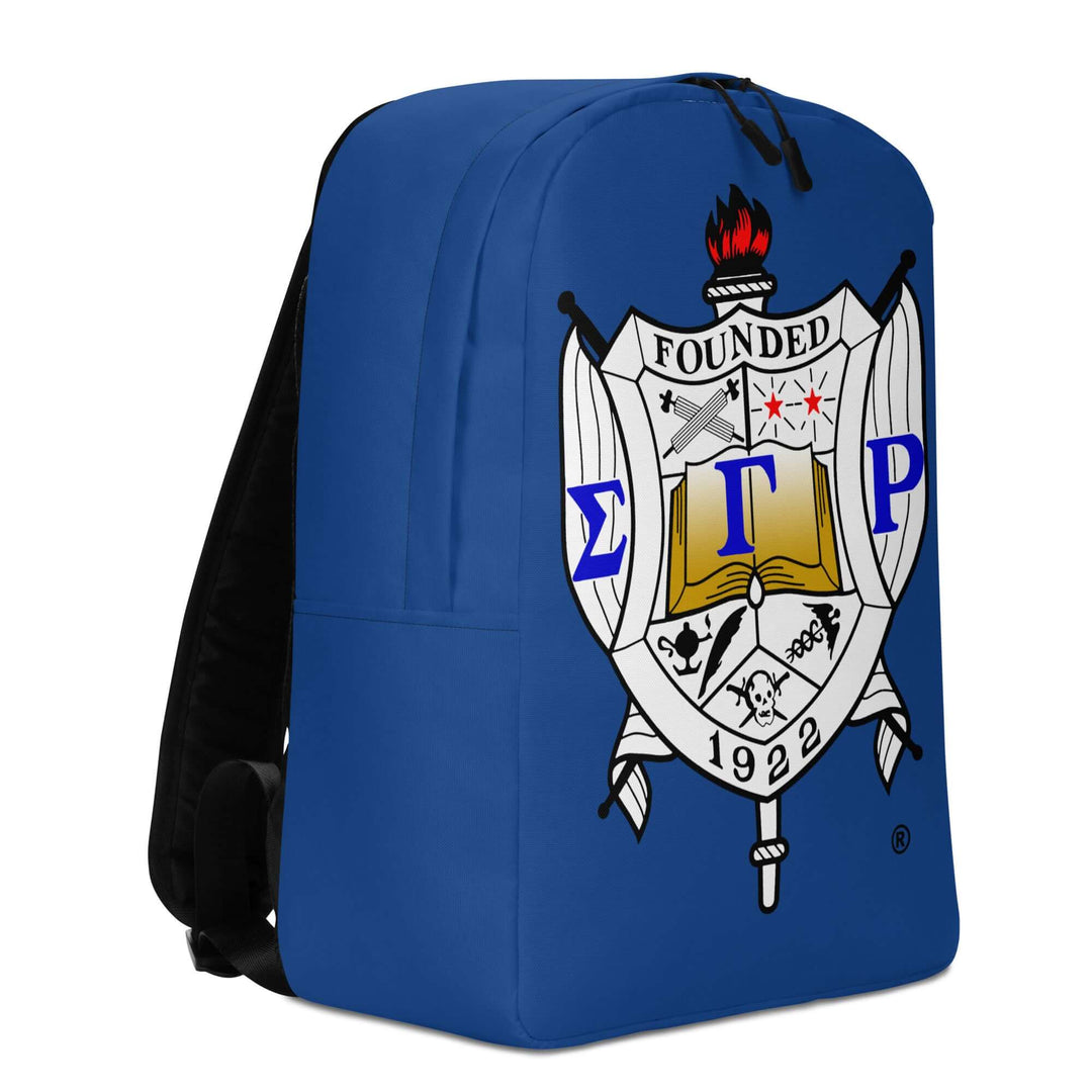 SGRho Crest Minimalist Backpack in blue, featuring Greek letters and sorority crest, perfect for fraternity paraphernalia.