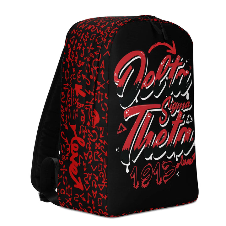 Delta Sigma Theta graffiti minimalist backpack featuring sorority colors and design, perfect for carrying essentials and Greek gear.