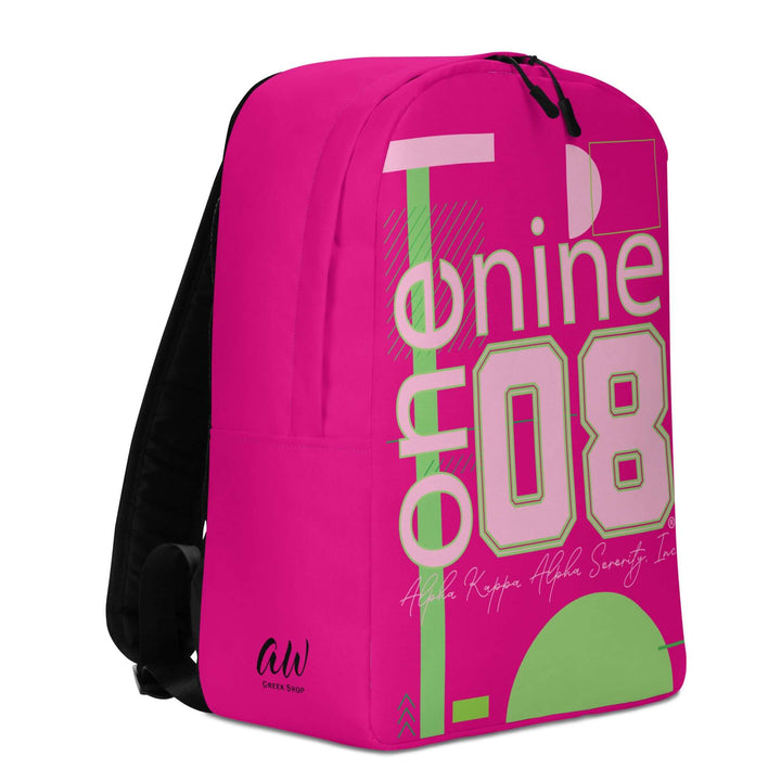 Bright pink AKA One Nine Minimalist Backpack, featuring iconic symbols, perfect for sorority and fraternity paraphernalia.