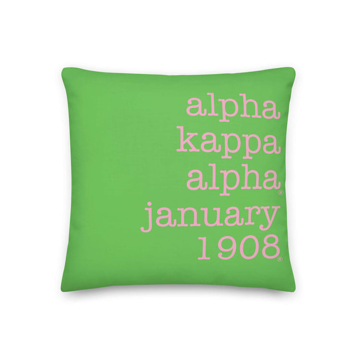 Green pillow with "alpha. kappa. alpha. january 1908" text, perfect for sorority pride and Greek gear decor.