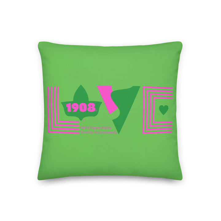 Green pillow featuring "LOVE" design with pink accents and "1908," perfect for sorority and fraternity paraphernalia.