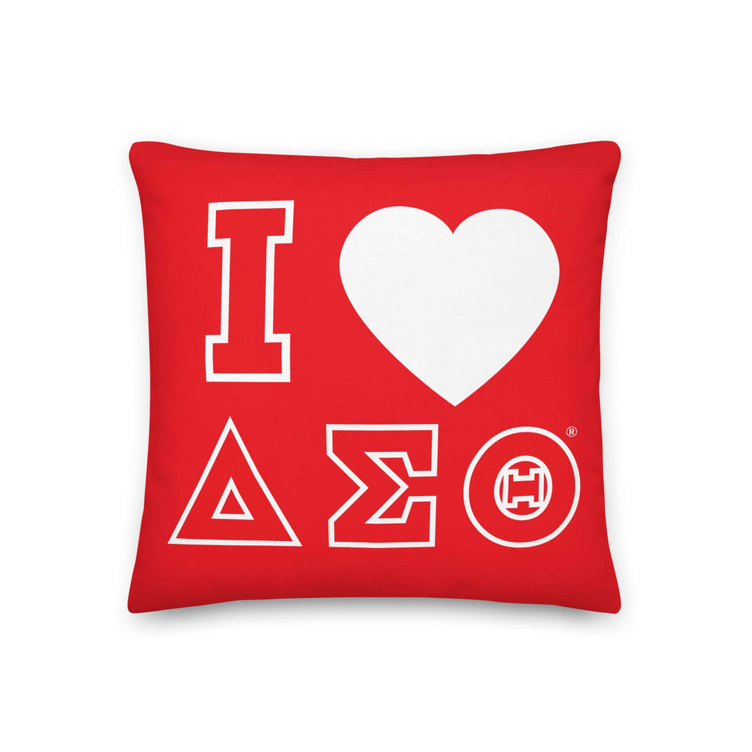 Delta Sigma Theta "I love" pillow, vibrant red color, perfect sorority paraphernalia for Greek gear decor.