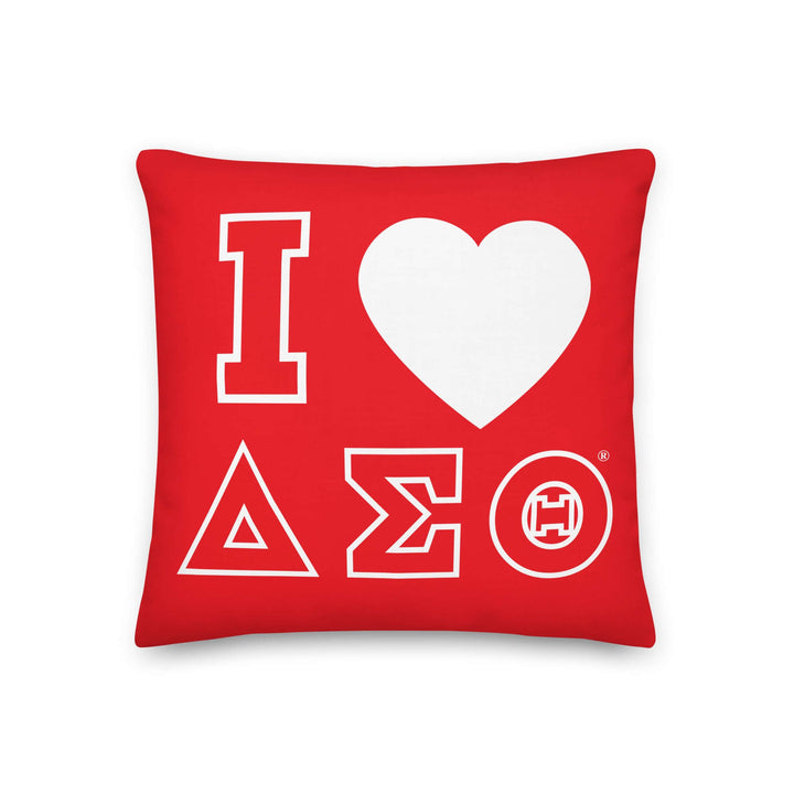 Delta Sigma Theta "I love" pillow, vibrant red color, perfect sorority paraphernalia for Greek gear decor.