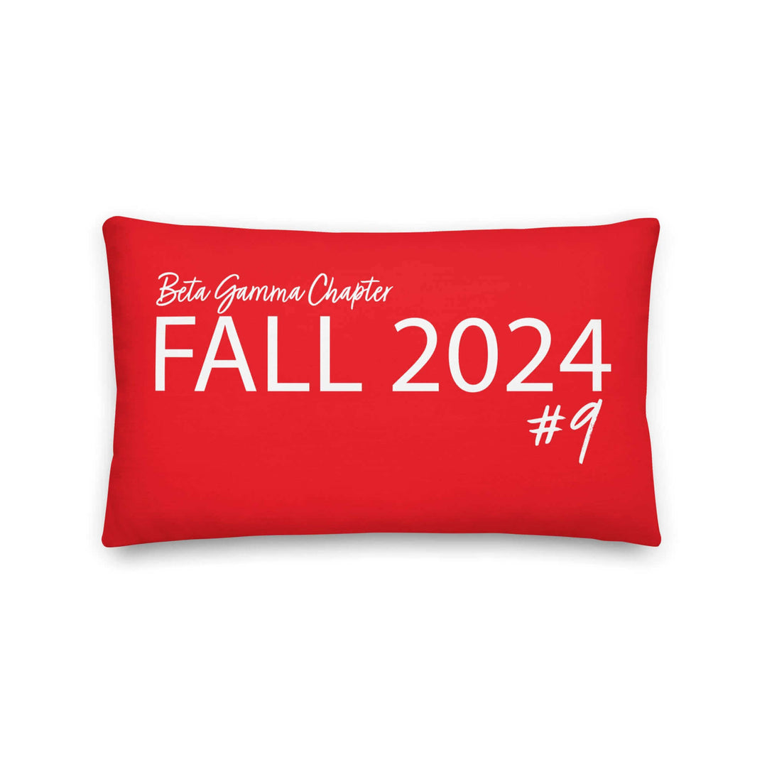 Red pillow featuring Beta Gamma Chapter and FALL 2024 #9, perfect for sorority and fraternity paraphernalia.