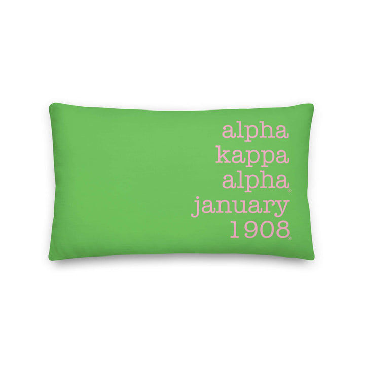 AKA 1908 pillow showcasing sorority pride in green and pink, perfect Greek gear for home or office décor.