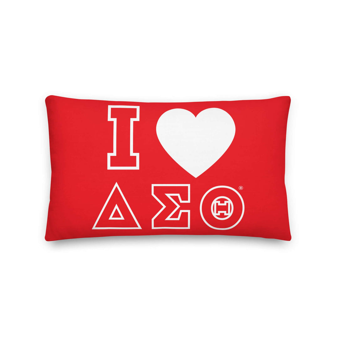 Delta Sigma Theta "I love" pillow in red, perfect sorority paraphernalia for Greek gear enthusiasts.