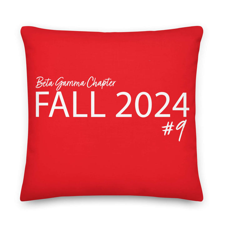Beta Gamma Chapter Fall 2024 decorative pillow, vibrant red sorority paraphernalia, perfect for Greek gear enthusiasts.