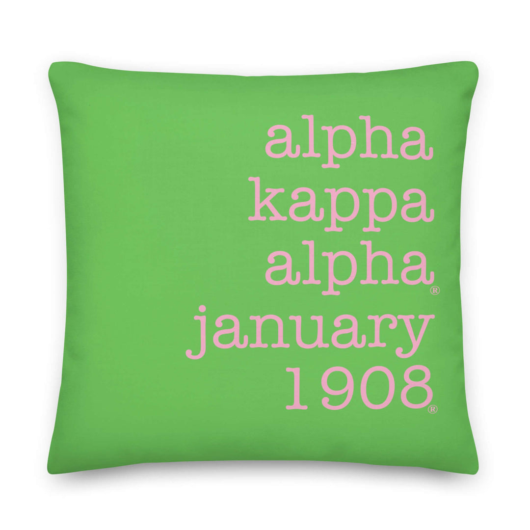 AKA 1908 green pillow showcasing sorority pride, perfect for Greek gear and home décor.
