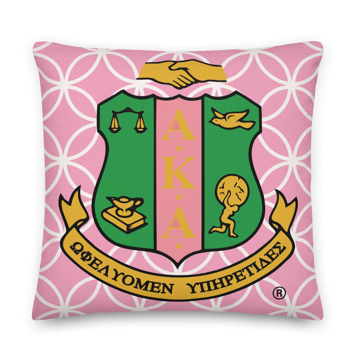 Pink geometric pillow featuring Alpha Kappa Alpha crest, perfect sorority paraphernalia for Greek gear enthusiasts.