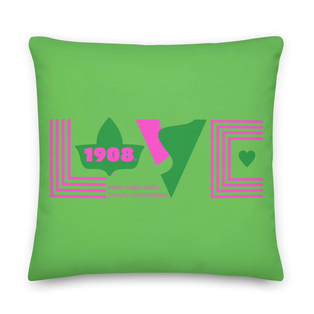 Bright green pillow with pink "LOVE" design and Greek letters, perfect for sorority and fraternity paraphernalia.