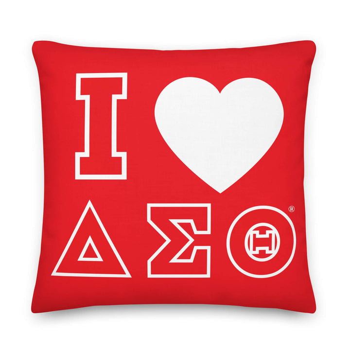 Delta Sigma Theta "I love" pillow, vibrant red sorority decor, perfect for Greek gear and paraphernalia lovers.