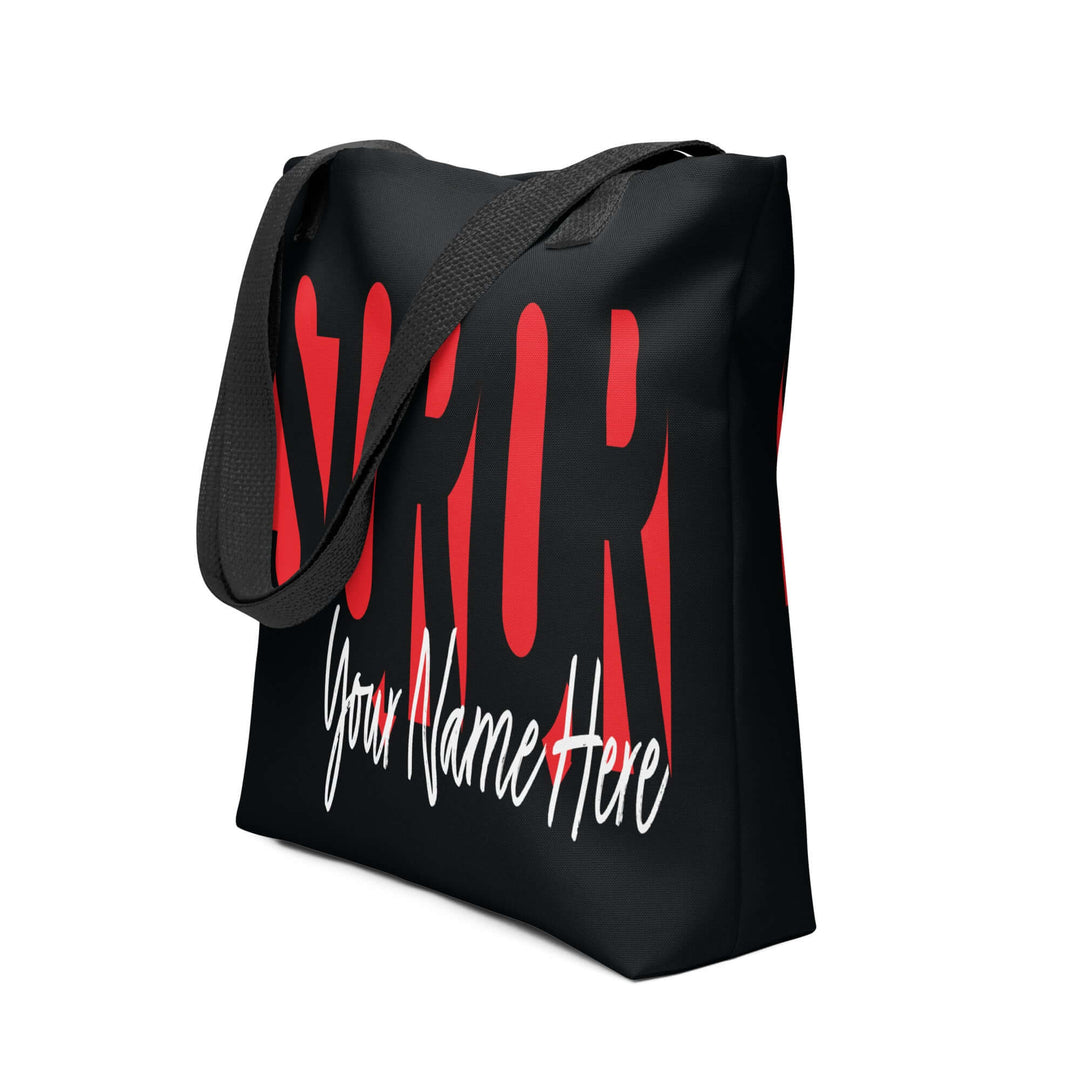 Delta Custom Soror Tote Bag with personalized name, stylish black design, perfect for sorority and fraternity paraphernalia.