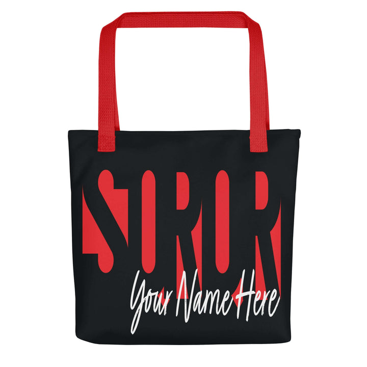 Customizable Delta Sigma Theta sorority tote bag with red handles, perfect for carrying Greek gear and paraphernalia.