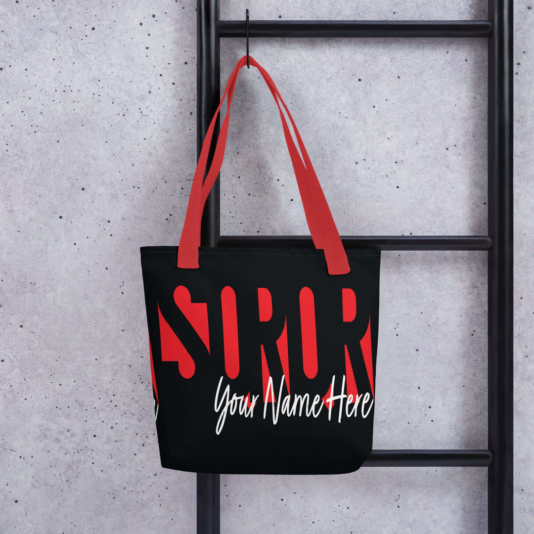 Delta Custom Soror Tote Bag with personalized name, stylish sorority paraphernalia in red and black, perfect for Greek gear.