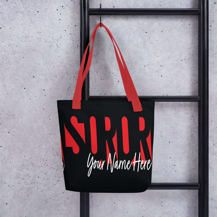 Delta Custom Soror Tote Bag with personalized name, stylish sorority paraphernalia in red and black, perfect for Greek gear.