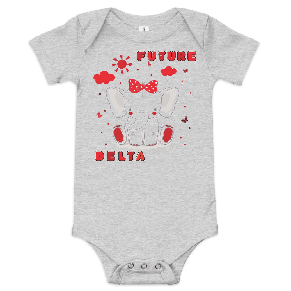 Adorable gray baby onesie with "Future Delta" design and cute elephant graphic, perfect for sorority-themed baby gear.