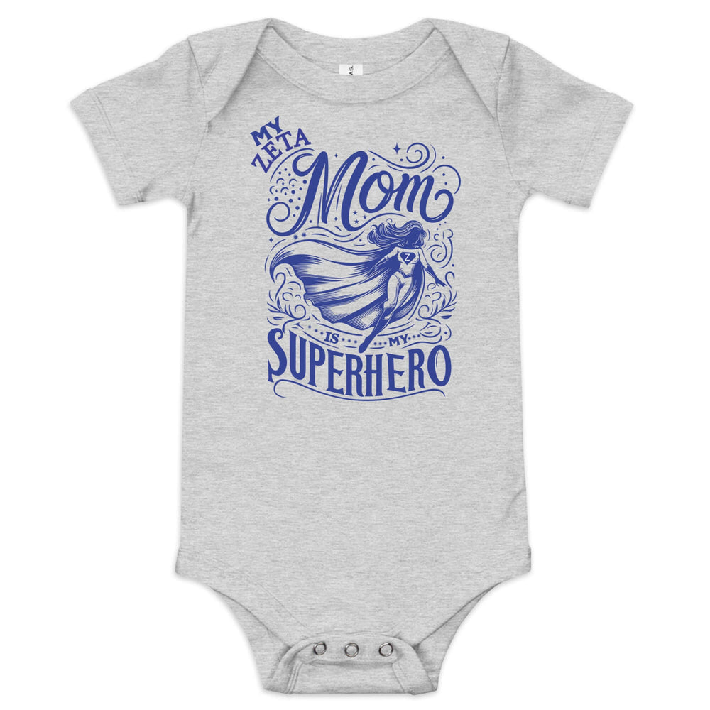Zeta Mom Superhero Onesie showcasing strength and spirit; perfect Greek gear for moms in sororities and fraternities.