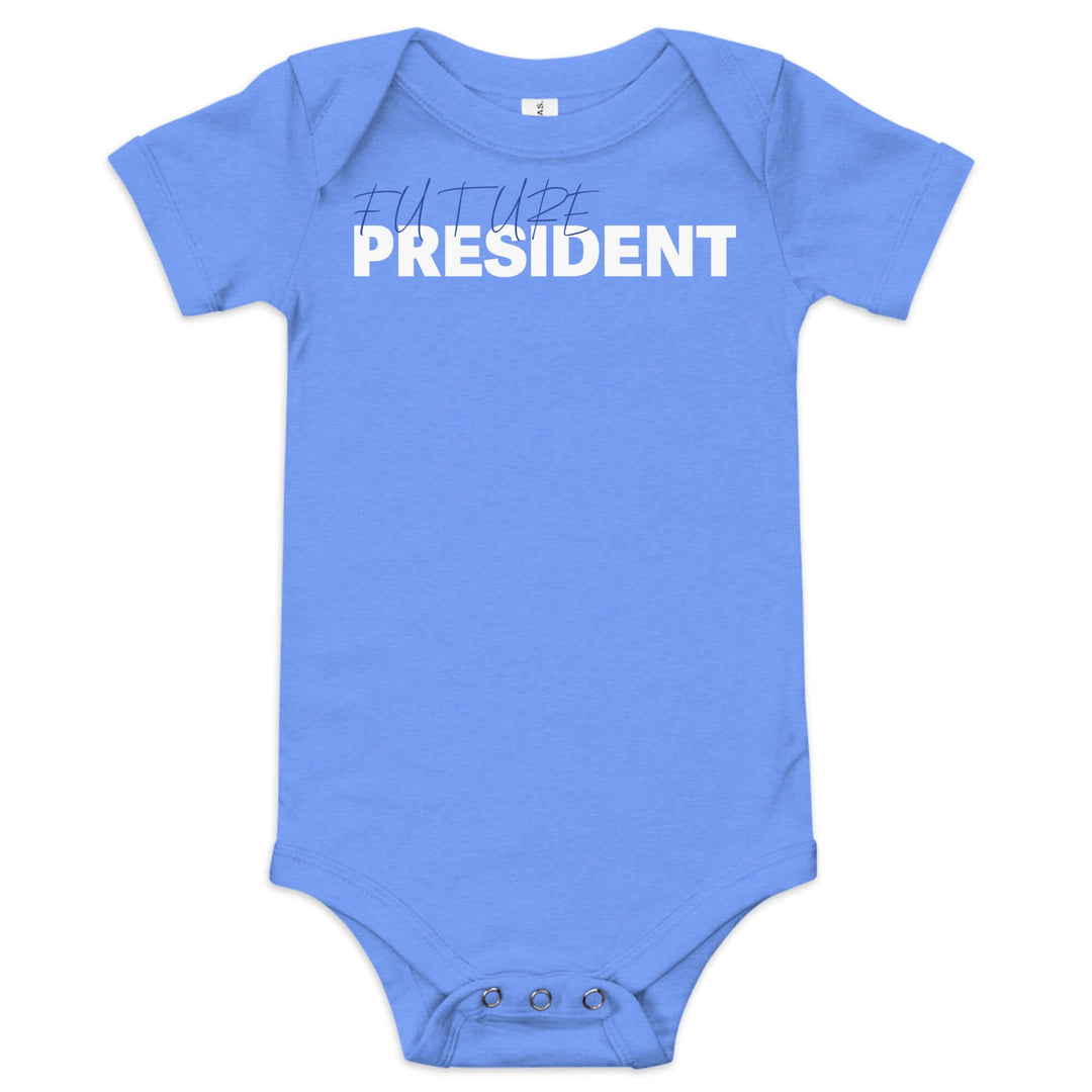 Future President Baby Onesie in blue, perfect for sorority and fraternity leaders in training. Soft, stylish Greek gear for infants.