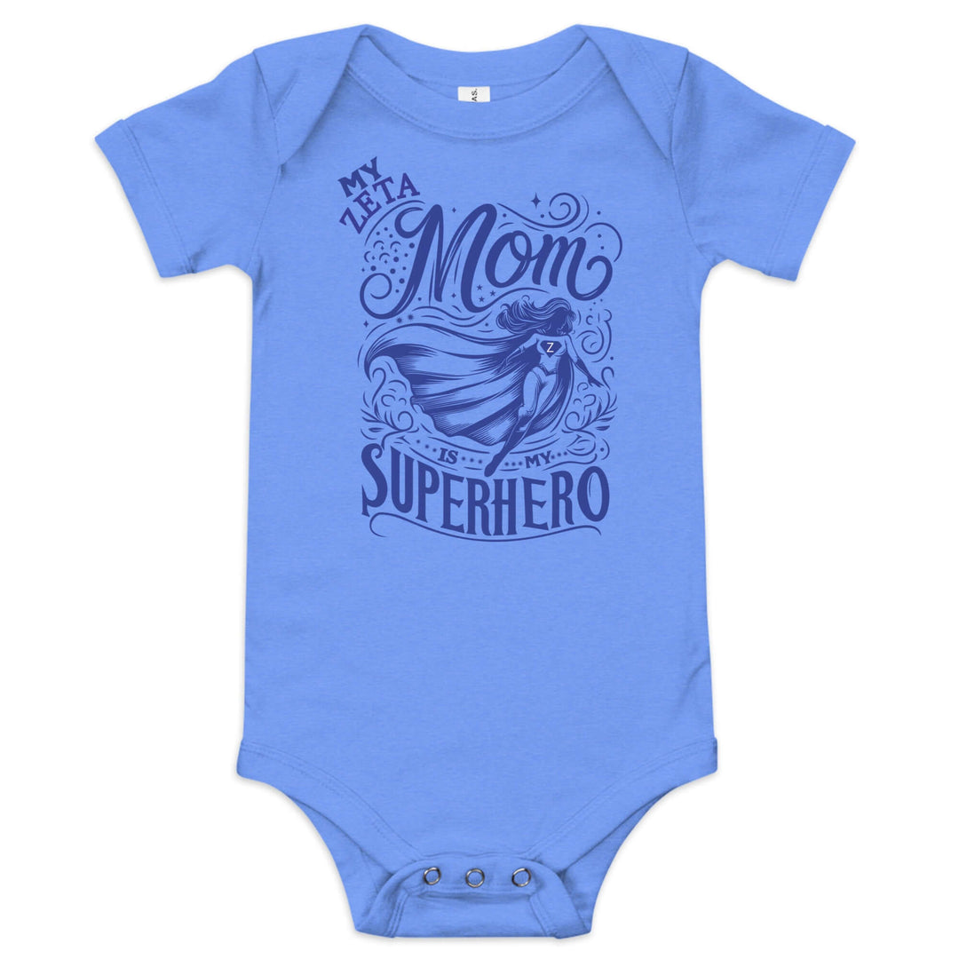 Zeta Mom Superhero Onsie in blue, celebrating Zeta Phi Beta mothers with stylish sorority gear. Perfect for events or everyday wear.