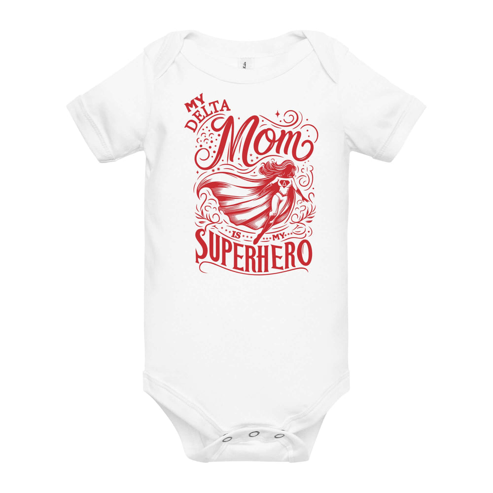 Delta Mom Super Hero Onesie showcasing bold design, perfect for sorority events and Greek gear celebrations.