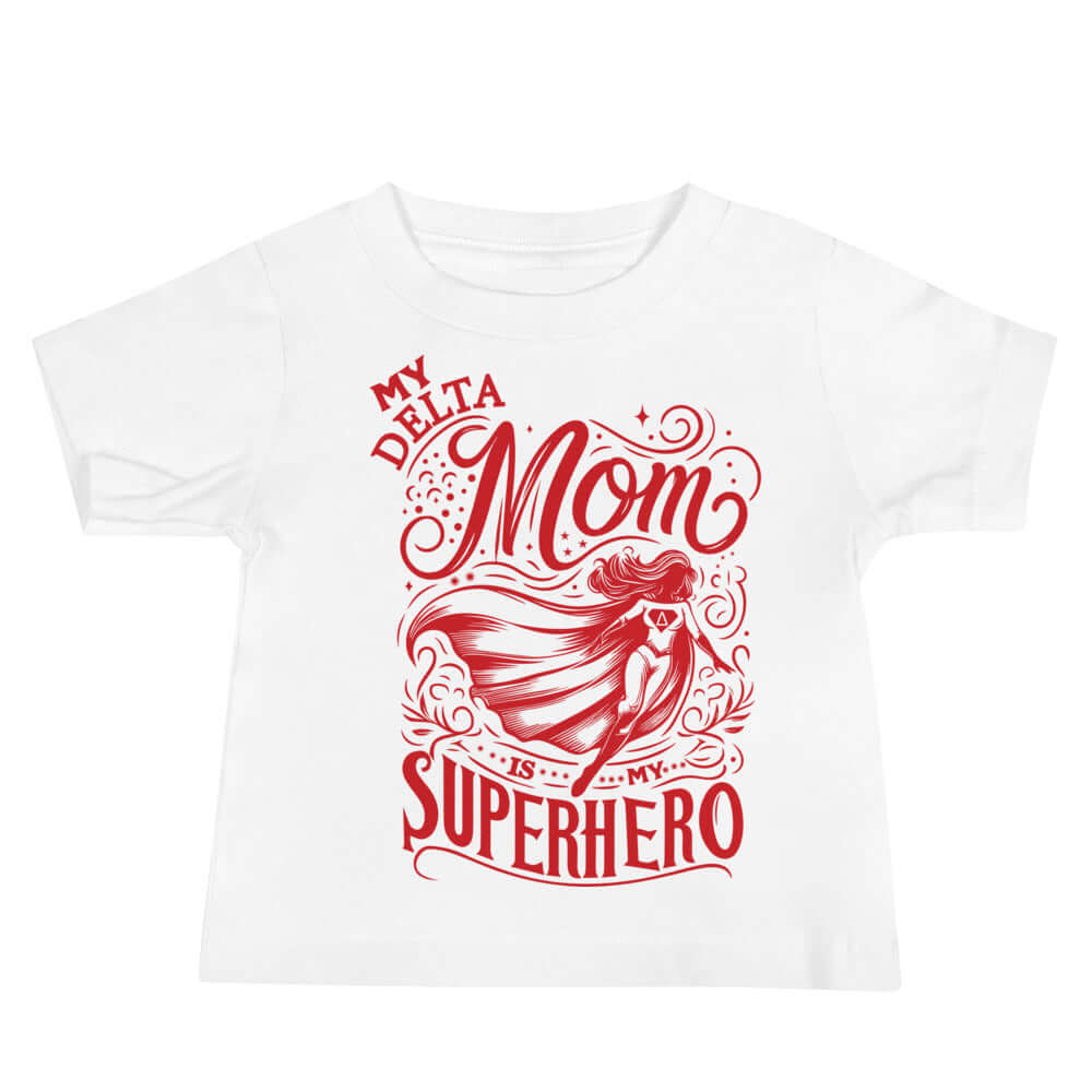Delta Mom Superhero T-Shirt celebrating strength and spirit, perfect for sorority paraphernalia and Greek gear.