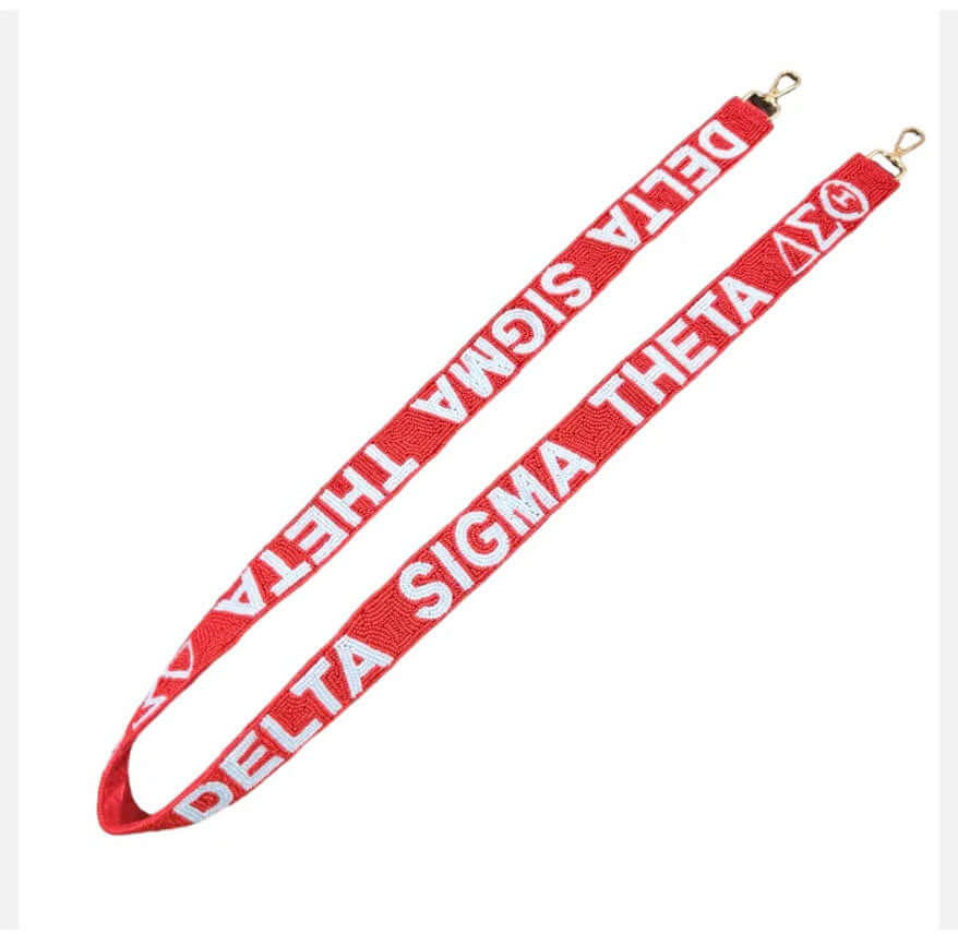 Delta Sigma Theta beaded purse strap in red, perfect for sorority and fraternity paraphernalia and Greek gear.