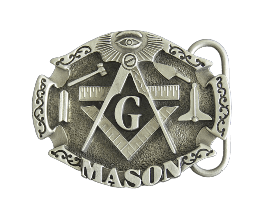 Mason belt buckle featuring Masonic symbols, perfect for fraternity and sorority paraphernalia and Greek gear.