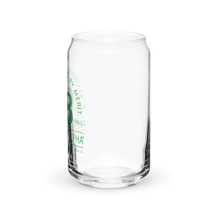 Clear AKA Can Glass featuring green fraternity design, perfect for sorority and fraternity beverages, 16 oz. capacity.