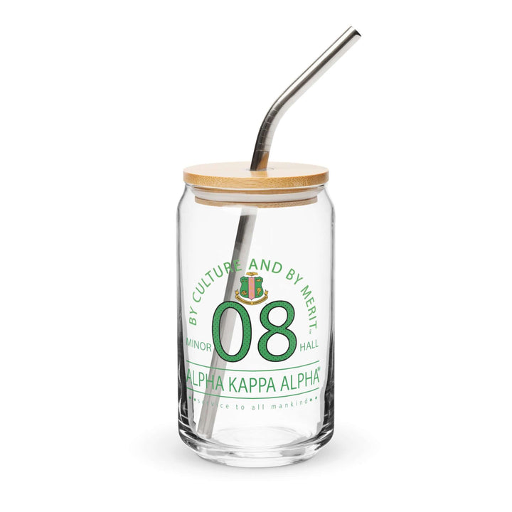 AKA Can Glass with bamboo lid and metal straw, perfect for sorority and fraternity drinks, 16 oz capacity.