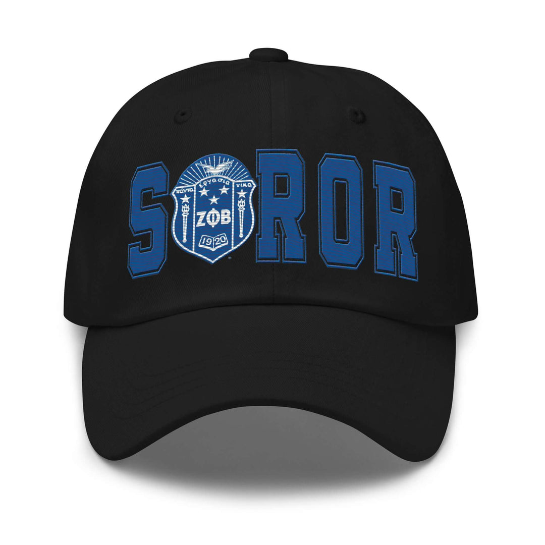 Zeta Phi Beta Soror hat in black featuring bold "SOROR" lettering and emblem, perfect for sorority and Greek gear enthusiasts.