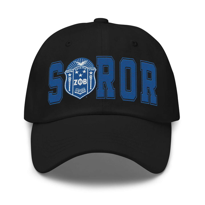 Zeta Phi Beta Soror hat in black featuring bold "SOROR" lettering and emblem, perfect for sorority and Greek gear enthusiasts.