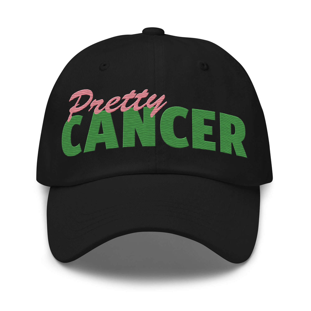 Black Pretty Cancer Hat with vibrant pink and green text, perfect sorority and fraternity gear for zodiac lovers.