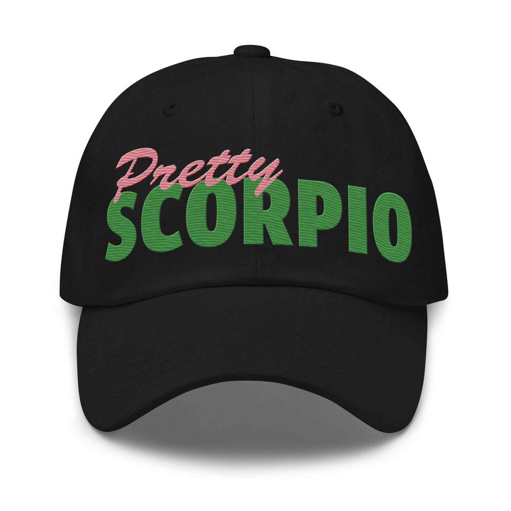 Pretty Scorpio Hat in black, ideal for sorority and fraternity Greek gear, featuring bold embroidered text.