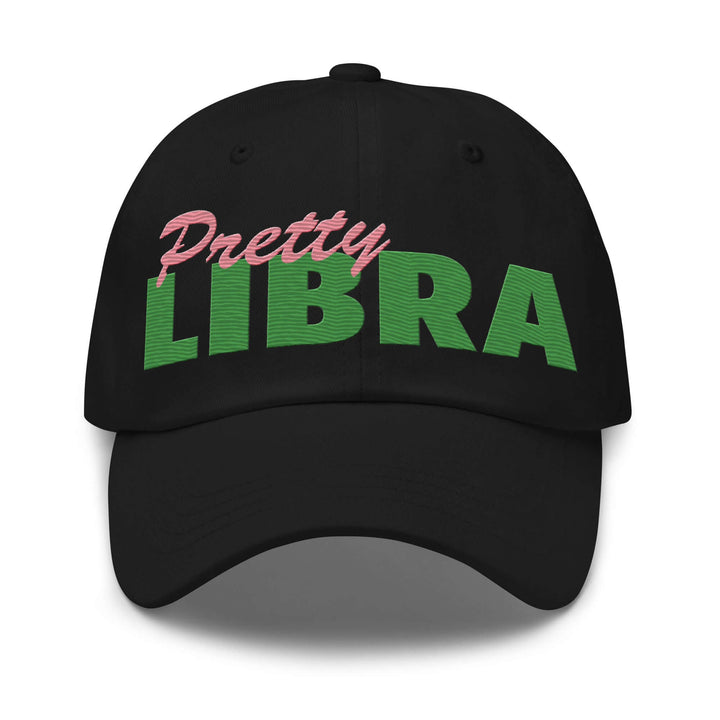 Pretty Libra cap in black, perfect for Greek gear, sorority, and fraternity paraphernalia. Stylish unstructured design.