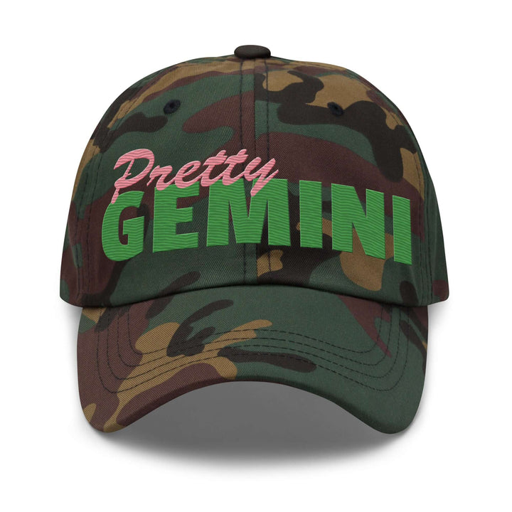 Pretty Gemini hat in green camo, perfect for sorority and fraternity paraphernalia, featuring embroidered design, adjustable strap.