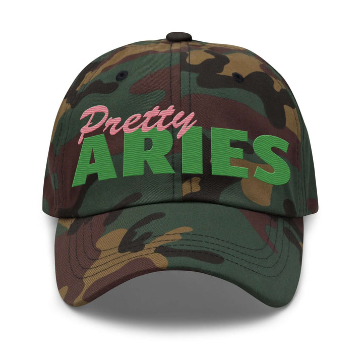 Green camo Pretty Aries hat for sorority and fraternity greek gear, stylish and adjustable with embroidered details.