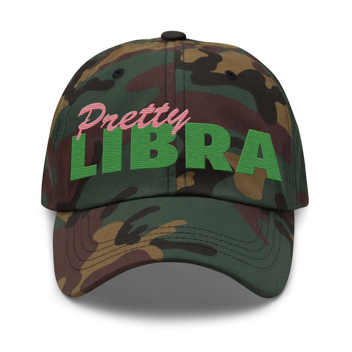 Pretty Libra cap in green camo, perfect Greek gear for sororities and fraternities, made from durable chino cotton twill.