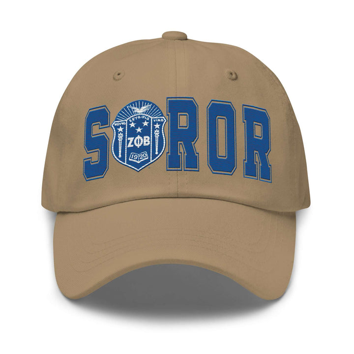 Zeta Sorority hat featuring blue embroidered letters on a beige cap, perfect for Greek gear and fraternity paraphernalia.