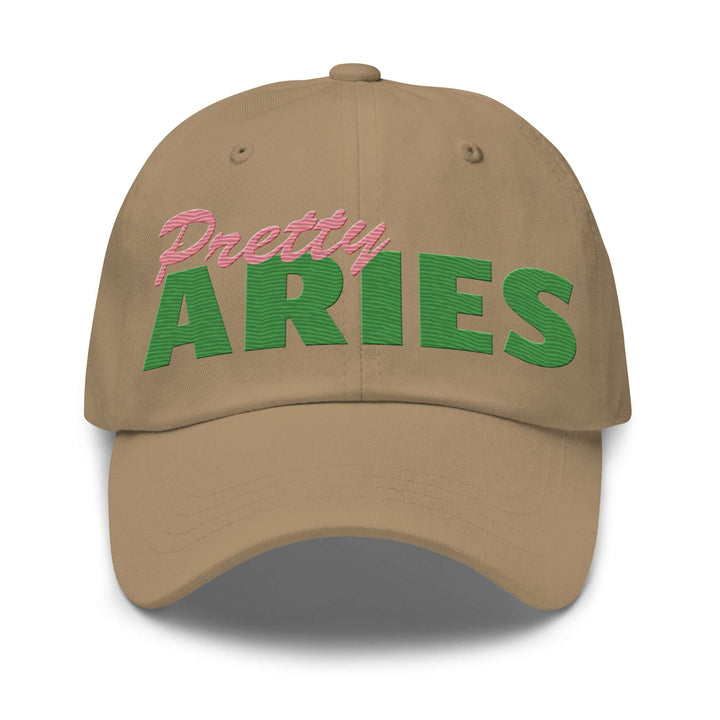 Pretty Aries hat in beige with vibrant pink and green embroidery, perfect for sorority and fraternity paraphernalia.