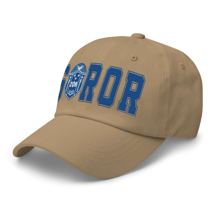 Zeta Phi Beta Soror hat in beige with blue lettering, perfect Greek gear for sorority members.