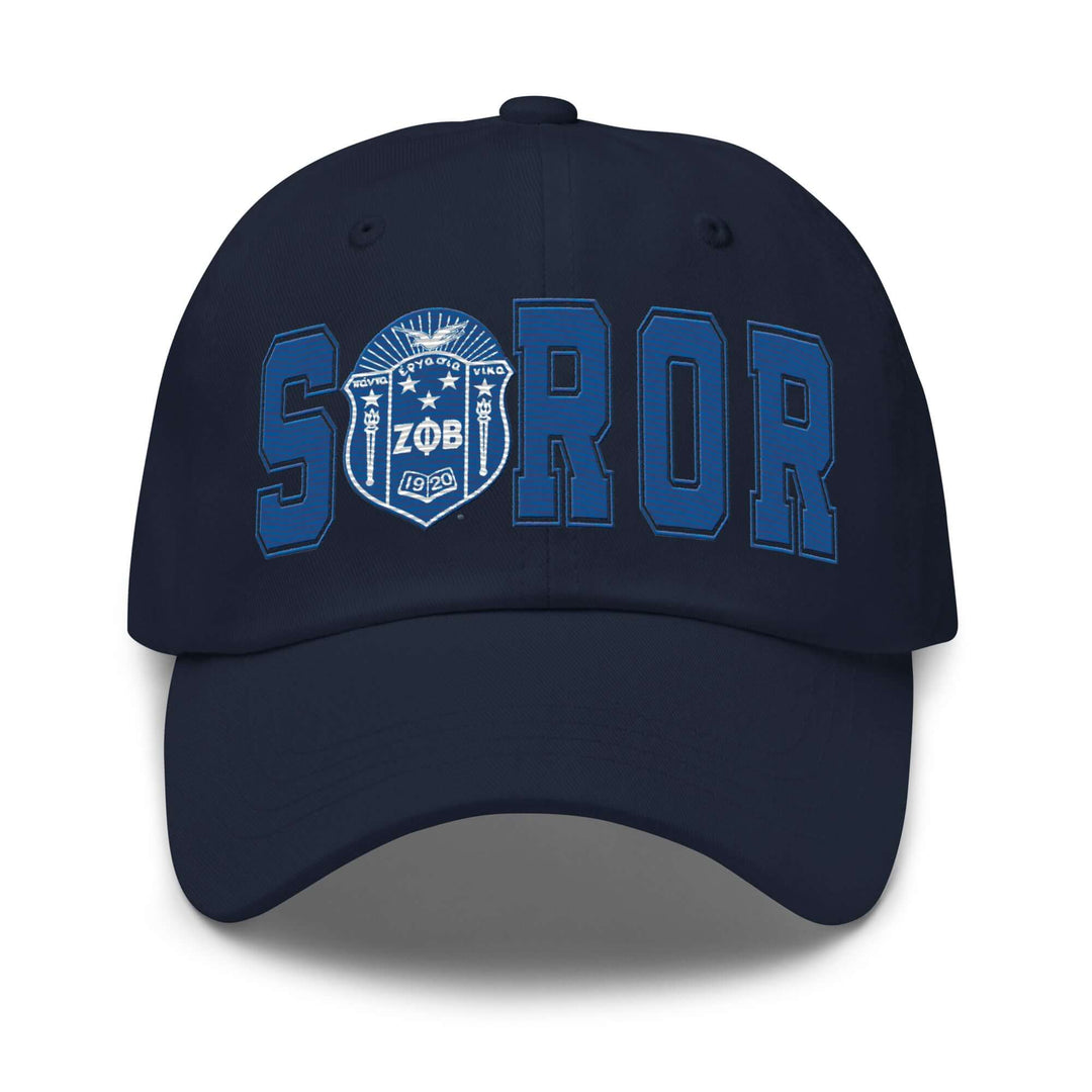 Zeta Soror hat featuring bold text and emblem, perfect Greek gear for sorority sisters. Ideal for fraternity paraphernalia.