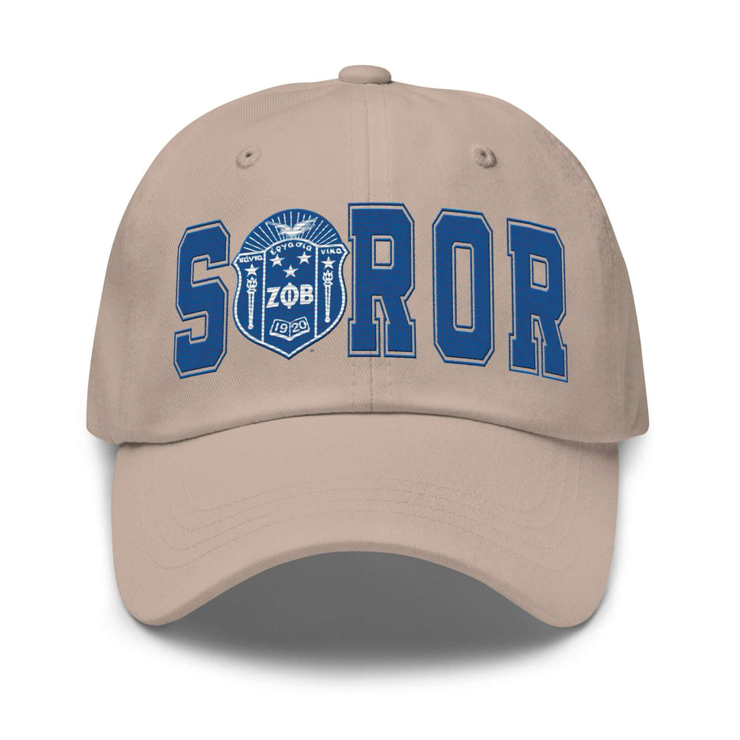 Zeta Soror hat in khaki with blue embroidery, showcasing fraternity pride and stylish Greek gear for sorors.