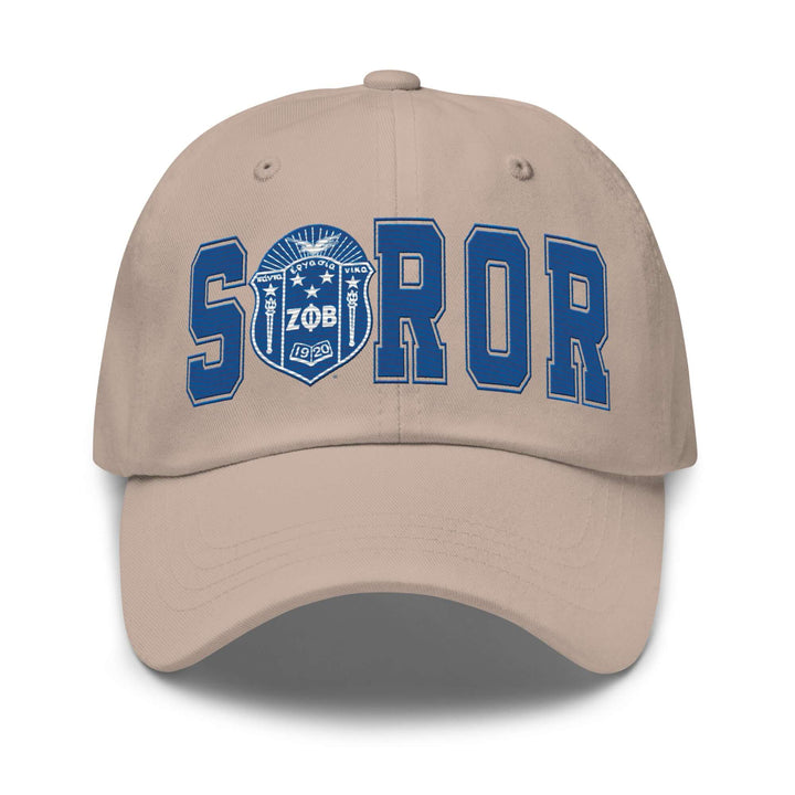Zeta Soror hat in khaki with blue embroidery, showcasing fraternity pride and stylish Greek gear for sorors.